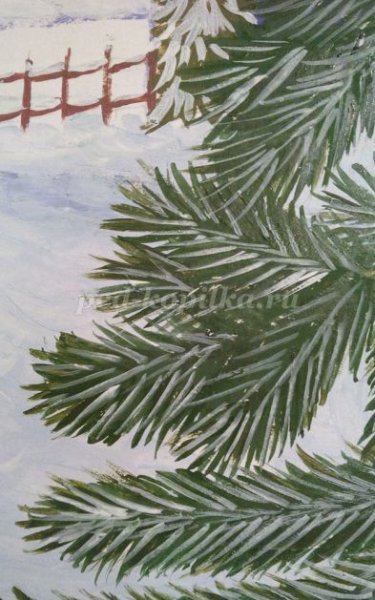 Ветка елки на окне гуашью