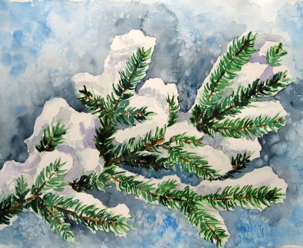 Елочка в снегу акварель