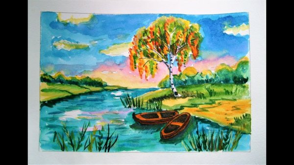 Пейзаж красками для школьников