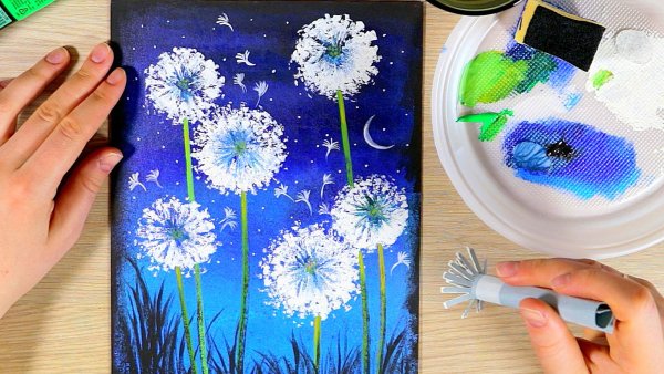 Одуванчики гуашью