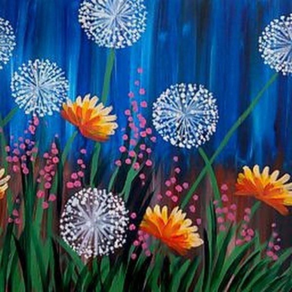 Одуванчики маслом на холсте ватными палочками