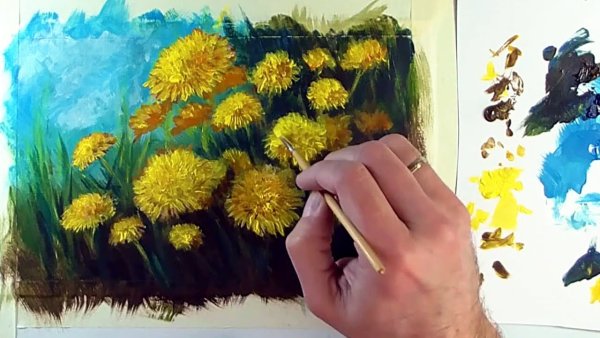 Рисование акварелью одуванчиков