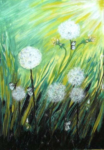 Одуванчики восковыми мелками