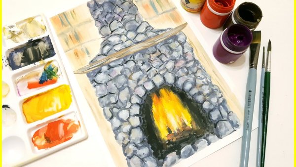 Камин рисунок гуашью