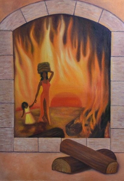 Очаг нарисованный на холсте