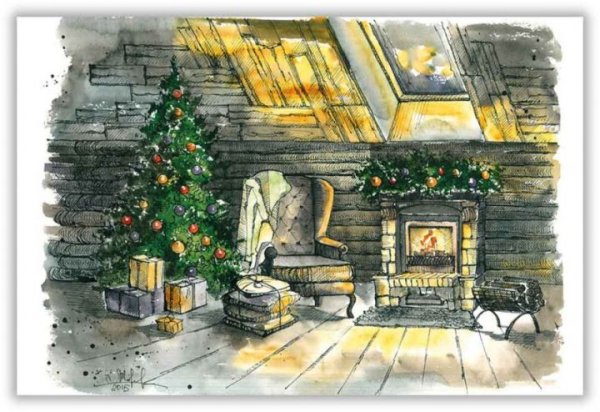 Новый год акварель камин