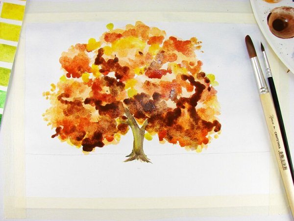 Рисование осеннего дерева акварель