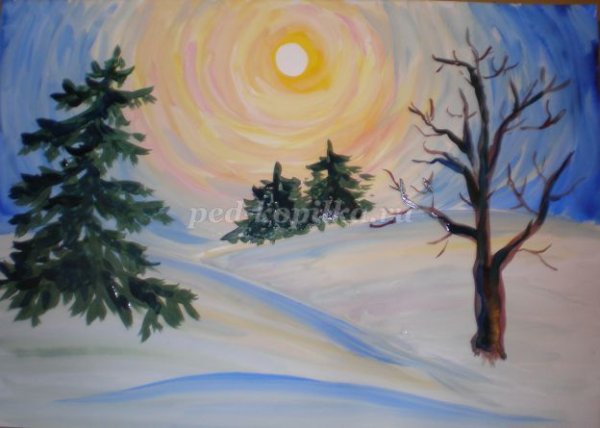 Зимний пейзаж гуашью для детей поэтапно