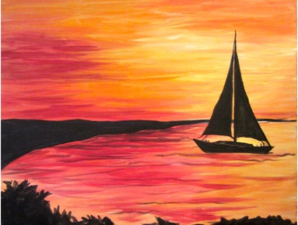 Кораблик на закате акварелью