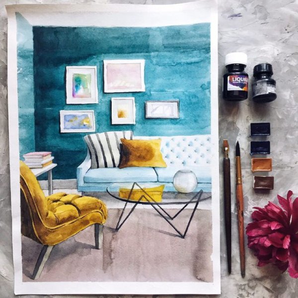 Интерьер акварелью