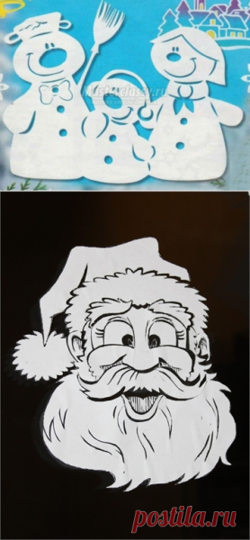 Дед Мороз на окне гуашью