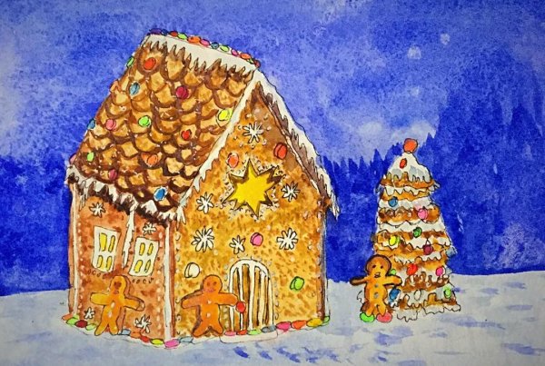 Пряничный домик акварель