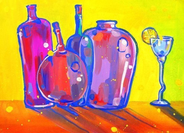 Декоративный натюрморт с бутылками гуашью