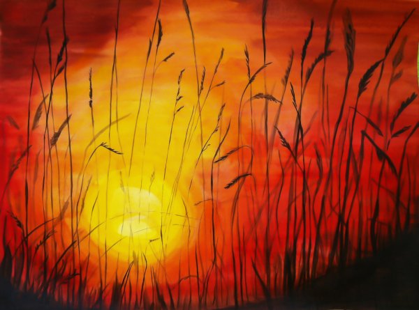 Красный закат гуашью