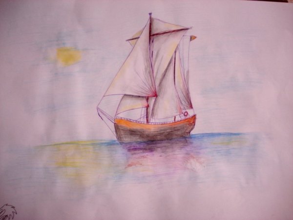 Парусник акварельными карандашами