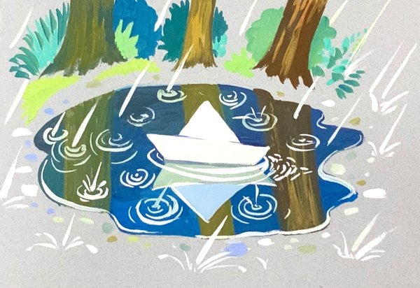 Бумажный кораблик гуашью