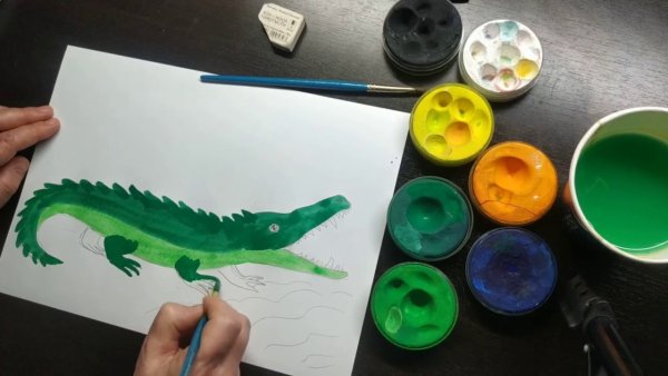 Рисование красками крокодила детьми