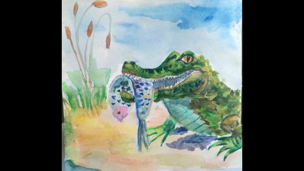 Новогодний рисунок красками крокодил