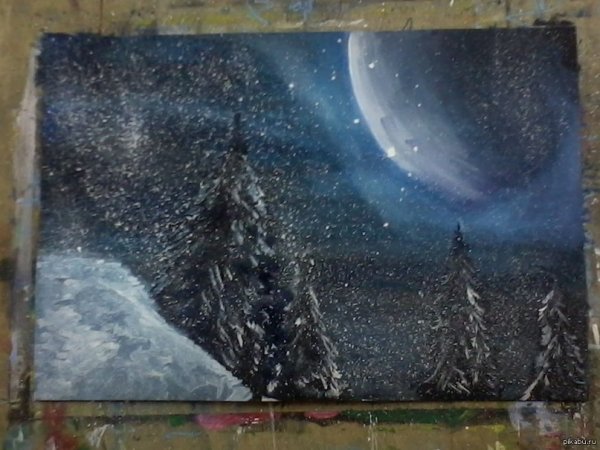 Зимняя ночь гуашью