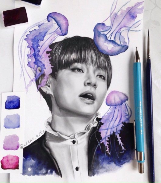 БТС акварелью Тэхен