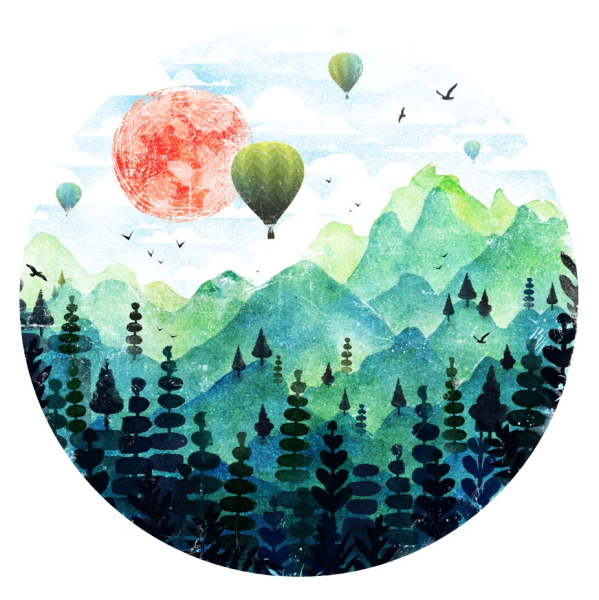 Акварельный пейзаж в круге