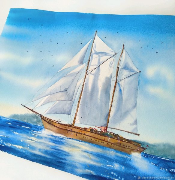 Море парусники акварель