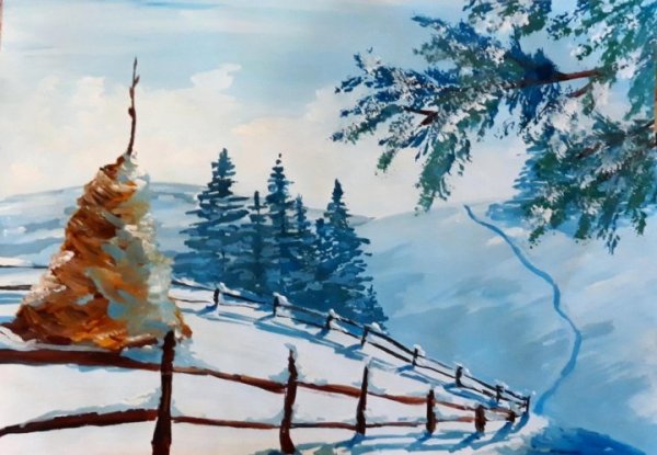 Зимний пейзаж красками