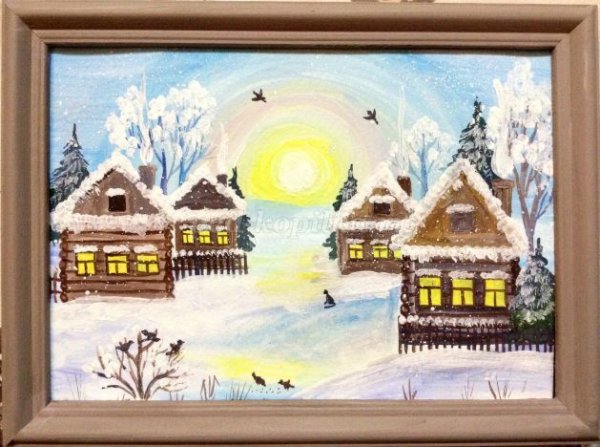 Зимний деревенский пейзаж гуашью для детей