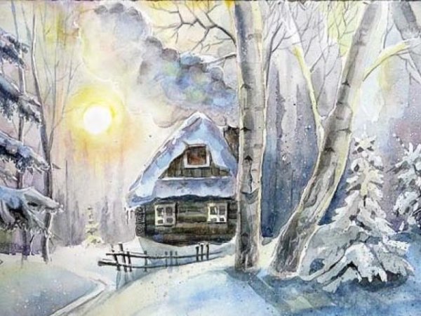 Зимний пейзаж акварельными карандашами