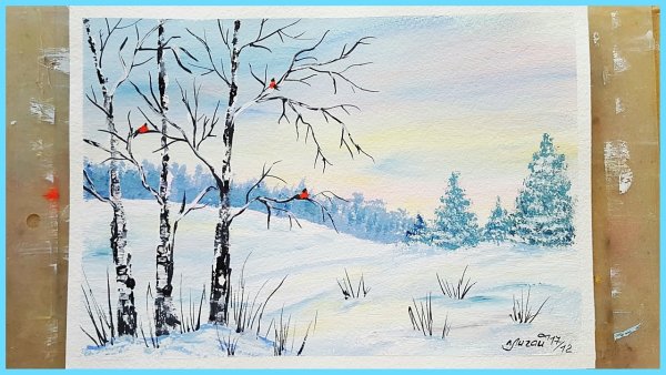 Зимний пейзаж гуашью