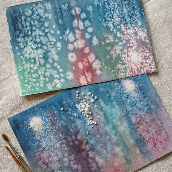 Рисование акварелью и солью