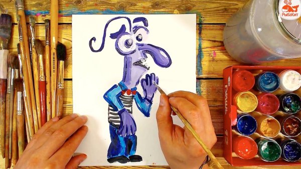 Рыба кит папа рисует красками