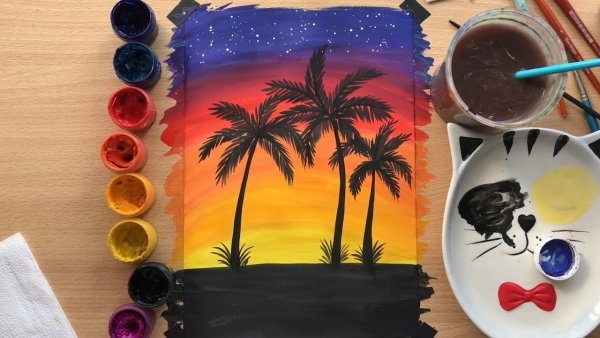 Правополушарное рисование пальмы на закате