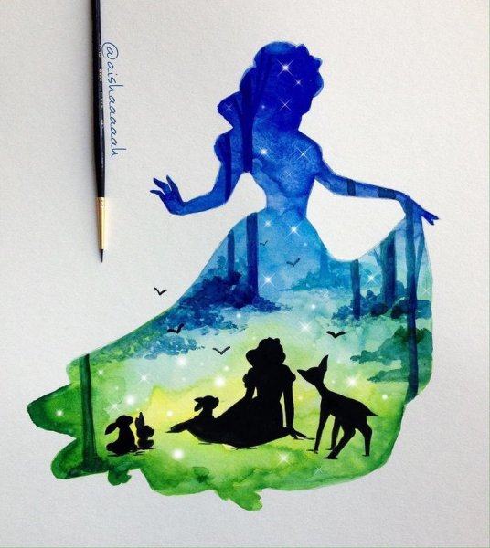 Силуэты Дисней принцесс в акварелях