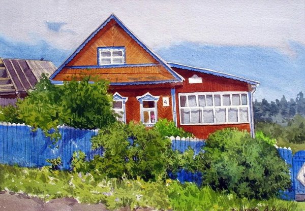 Домик в деревне гуашью