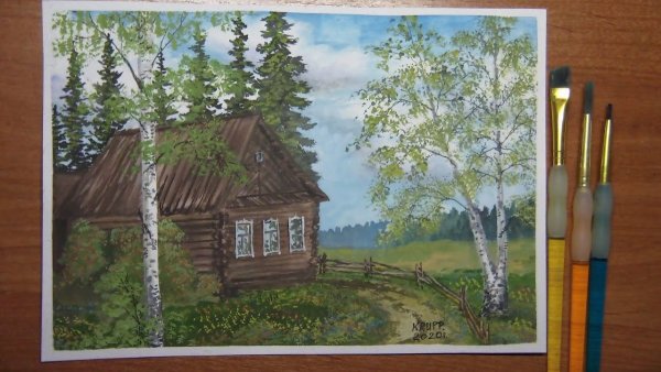 Рисунки гуашью пейзаж домика