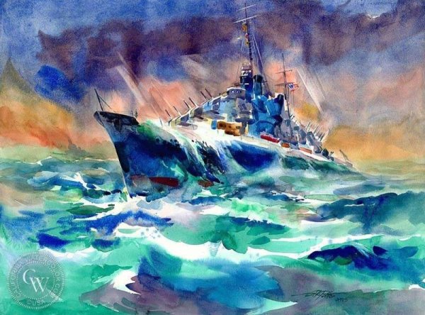 Военный корабль акварелью