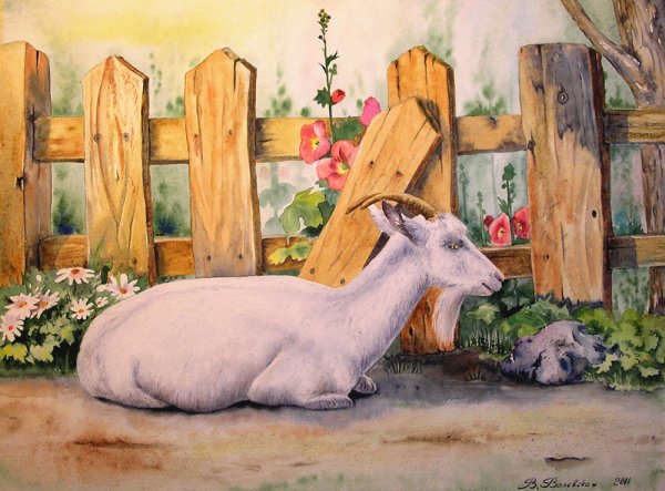 Деревенский пейзаж с козами