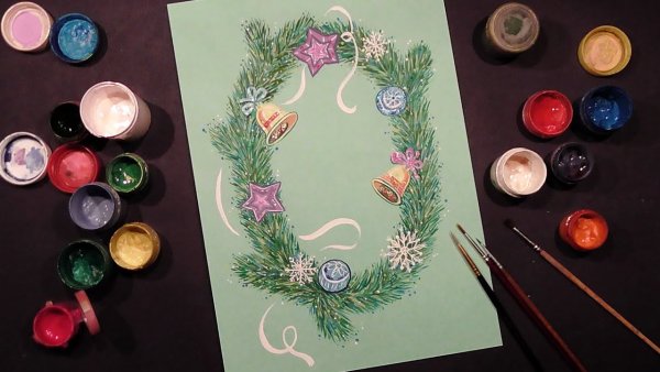 Рождественский венок гуашью
