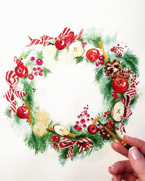 Рождественский венок акварель