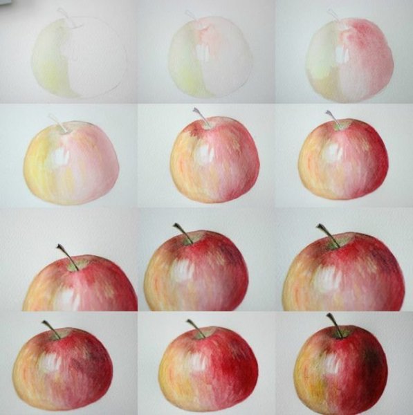 Яблоко лессировка акварелью поэтапно