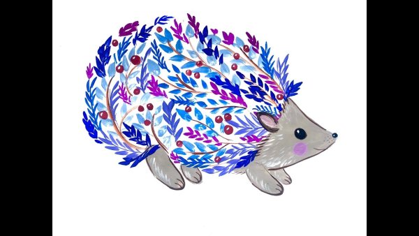 Ежик весной гуашью