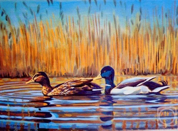 Утки в пруду акварель