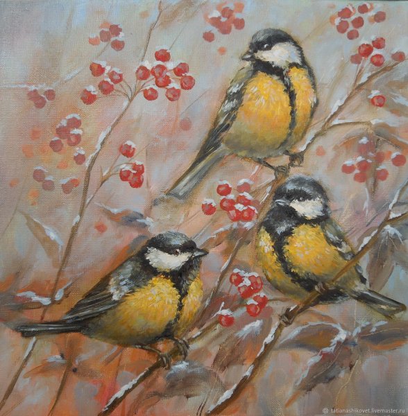 Птицы на ветке живопись