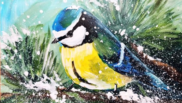 Синичка рисунок красками
