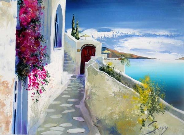 Санторини морской пейзаж маслом
