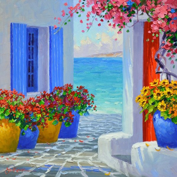 Пейзаж маслом на холсте Санторини