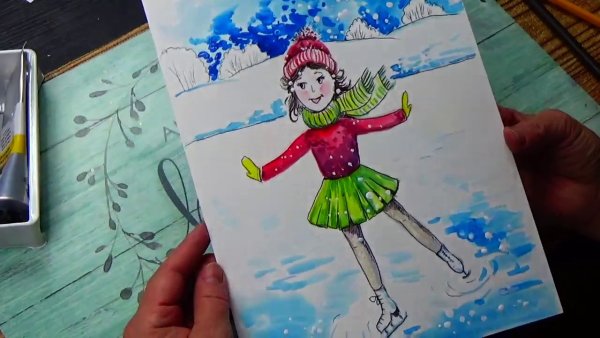 Дети катаются на коньках рисунок гуашью