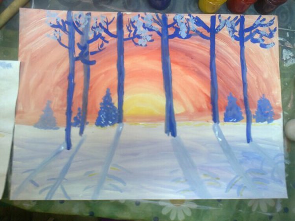 Зимний пейзаж гуашью для детей