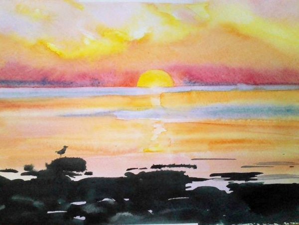 Закат акварелью для детей